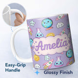Personalized Custom Name Cute Kawaii Space Rocket Globe Sun Star Lilac Seamless Pattern 11oz Ceramic Coffee Tea Mug White Large Handle
