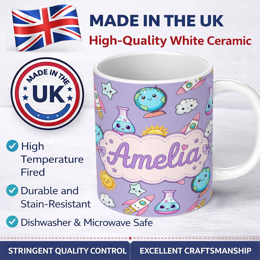 Personalized Custom Name Cute Kawaii Space Rocket Globe Sun Star Lilac Seamless Pattern 11oz Ceramic Coffee Tea Mug White Large Handle