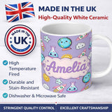 Personalized Custom Name Cute Kawaii Space Rocket Globe Sun Star Lilac Seamless Pattern 11oz Ceramic Coffee Tea Mug White Large Handle