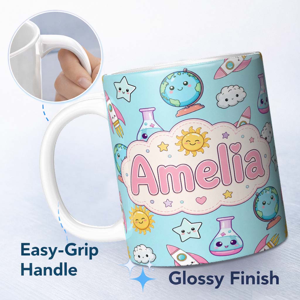 Personalized Custom Name Cute Kawaii Space Rocket Globe Sun Star Blue Seamless Pattern Name 11oz Ceramic Coffee Tea Mug White Large Handle