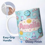 Personalized Custom Name Cute Kawaii Space Rocket Globe Sun Star Blue Seamless Pattern Name 11oz Ceramic Coffee Tea Mug White Large Handle