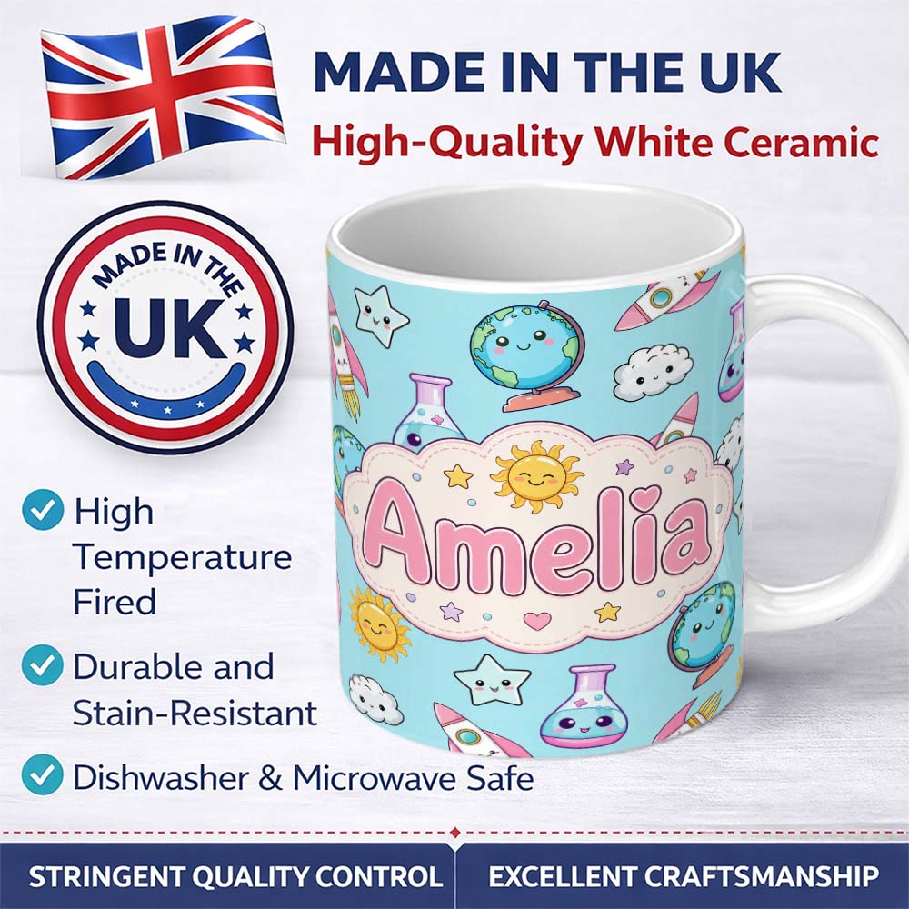 Personalized Custom Name Cute Kawaii Space Rocket Globe Sun Star Blue Seamless Pattern Name 11oz Ceramic Coffee Tea Mug White Large Handle