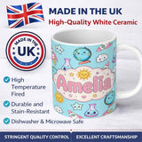 Personalized Custom Name Cute Kawaii Space Rocket Globe Sun Star Blue Seamless Pattern Name 11oz Ceramic Coffee Tea Mug White Large Handle