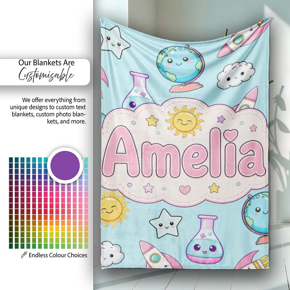 Cute Kawaii Space Rocket Globe Sun Star Blue Seamless Pattern Name  Personalised Custom Name Super Soft Fleece Blanket Bed Sofa Throw