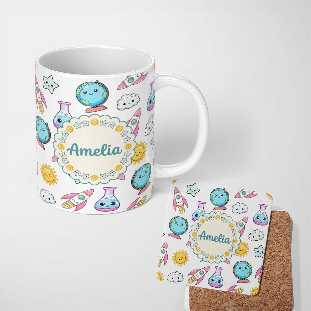 Personalized Custom Name Cute Kawaii Space Rocket Globe Sun Star White Seamless Pattern 11oz Ceramic Coffee Tea Mug White Large Handle