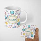 Personalized Custom Name Cute Kawaii Space Rocket Globe Sun Star White Seamless Pattern 11oz Ceramic Coffee Tea Mug White Large Handle