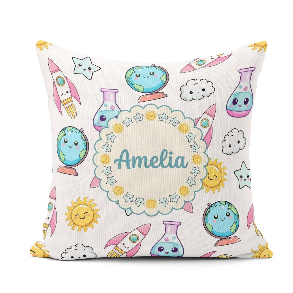 Custom Name Kawaii Space Rocket Globe Sun White Seamless Pattern Square Filled Cushion Throw Pillow Sofa Bed Home Decor Zip Washable UK Made
