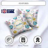 Custom Name Kawaii Space Rocket Globe Sun White Seamless Pattern Square Filled Cushion Throw Pillow Sofa Bed Home Decor Zip Washable UK Made