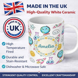 Personalized Custom Name Cute Kawaii Space Rocket Globe Sun Star White Seamless Pattern 11oz Ceramic Coffee Tea Mug White Large Handle