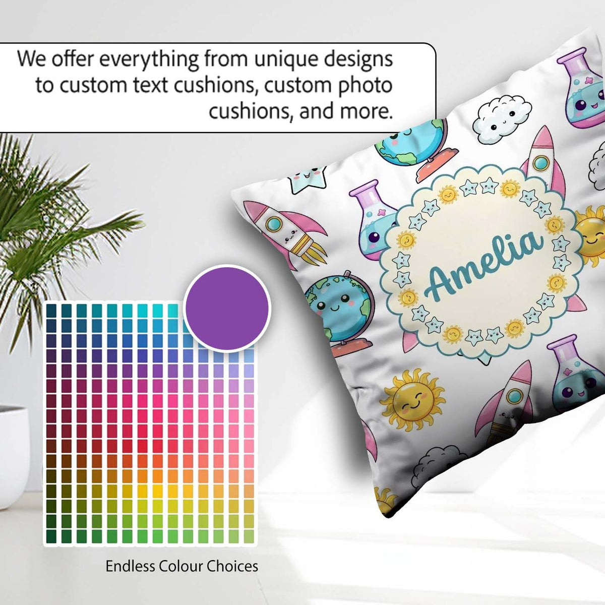 Custom Name Kawaii Space Rocket Globe Sun White Seamless Pattern Square Filled Cushion Throw Pillow Sofa Bed Home Decor Zip Washable UK Made