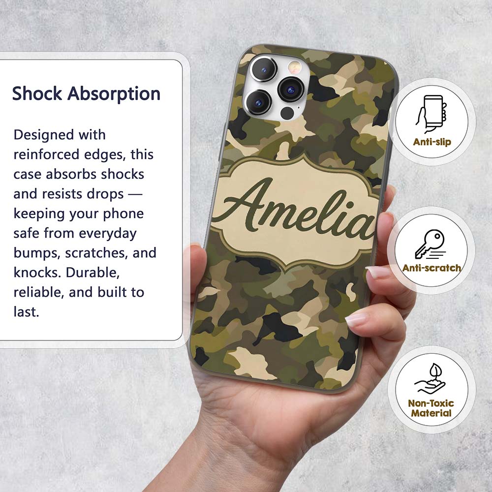 Classic Green Army Camouflage Seamless Pattern Custom Name Protective Phone Case Mobile Cover Durable Everyday Smartphone Shock Resistant