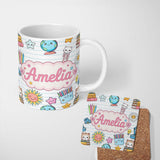 Personalized Custom Name Cute Kawaii School Cat Books Crayons Stationery Seamless Pattern 11oz Ceramic Coffee Tea Mug White Large Handle