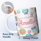 Personalized Custom Name Cute Kawaii School Cat Books Crayons Stationery Seamless Pattern 11oz Ceramic Coffee Tea Mug White Large Handle