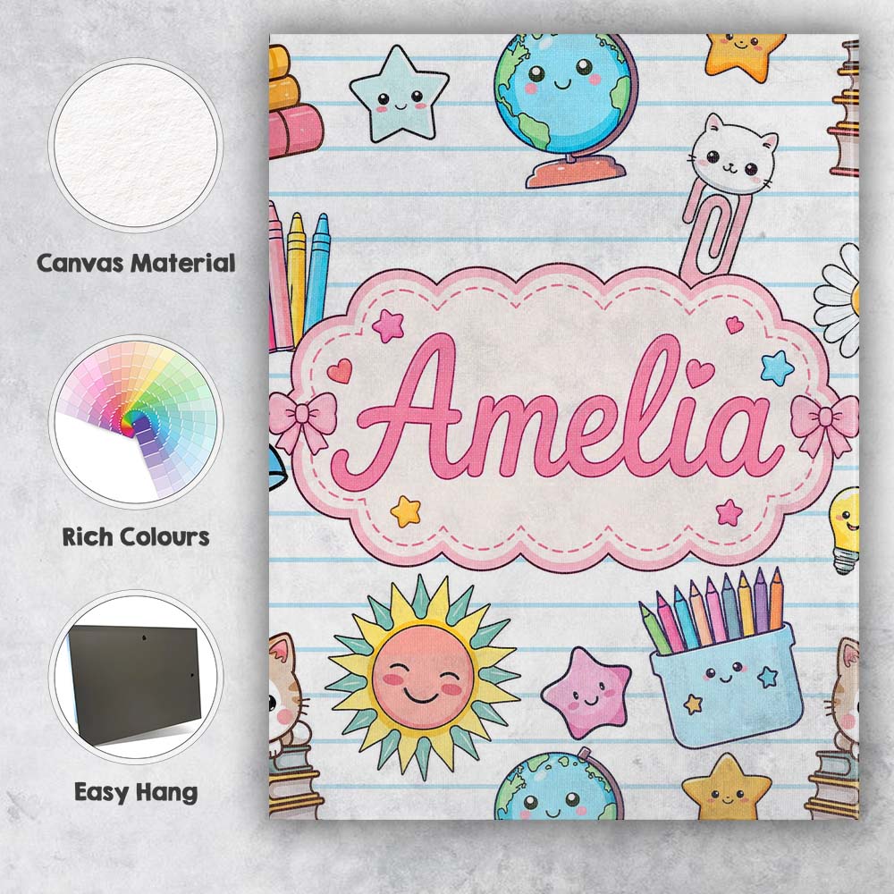 Personalised Name Cute Kawaii School Cat Custom  Unique Gift Idea Elegant Feature Canvas Wall Art Print Decor Picture Ready to Hang