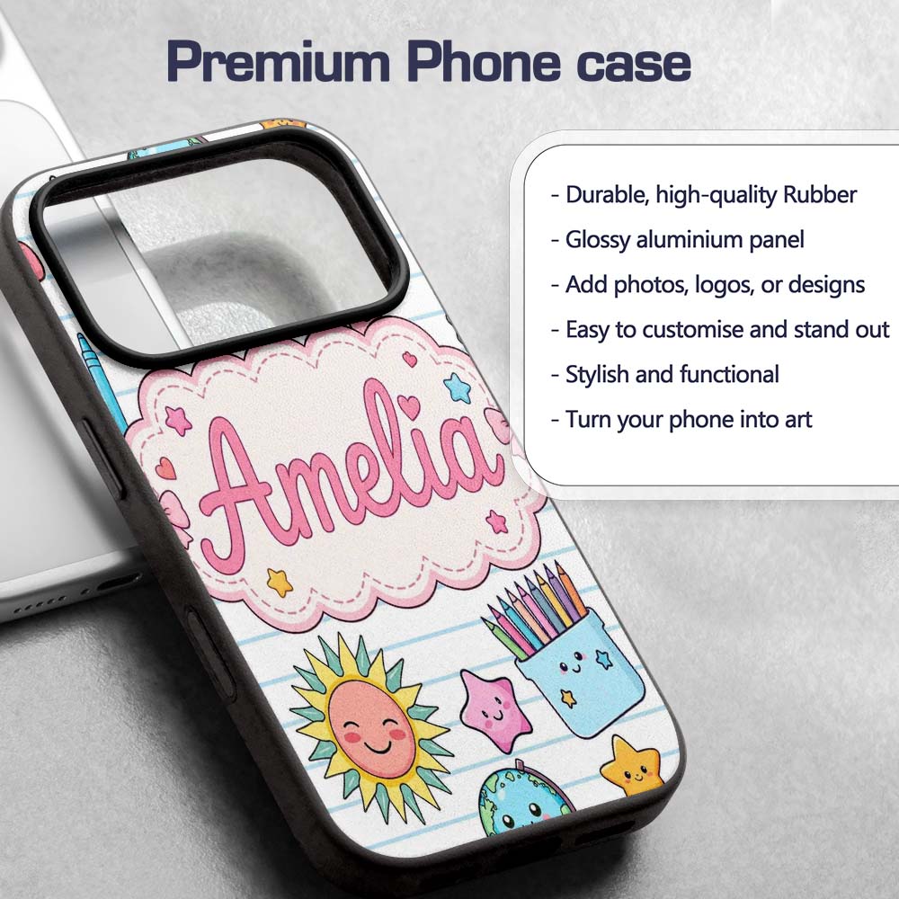 Cute Kawaii School Cat Books Crayons Stationery Custom Name Protective Phone Case Mobile Cover Durable Everyday Smartphone Shock Resistant