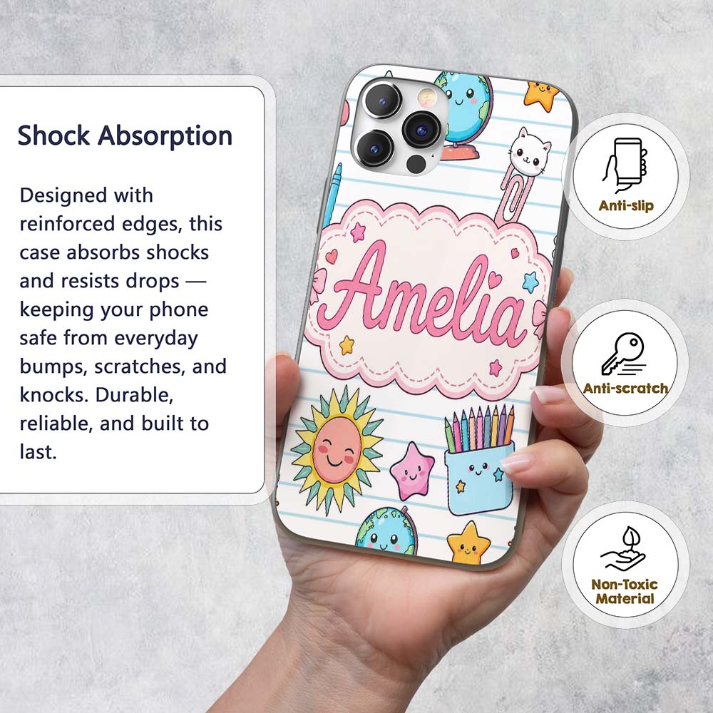 Cute Kawaii School Cat Books Crayons Stationery Custom Name Protective Phone Case Mobile Cover Durable Everyday Smartphone Shock Resistant
