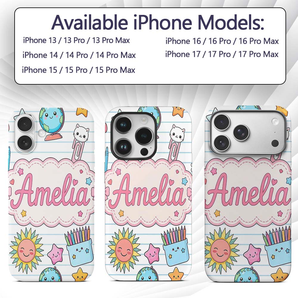 Cute Kawaii School Cat Books Crayons Stationery Custom Name Protective Phone Case Mobile Cover Durable Everyday Smartphone Shock Resistant