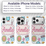 Cute Kawaii School Cat Books Crayons Stationery Custom Name Protective Phone Case Mobile Cover Durable Everyday Smartphone Shock Resistant