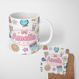 Personalized Custom Name Cute Kawaii School Cat Books Crayons Pink Lines Seamless Pattern 11oz Ceramic Coffee Tea Mug White Large Handle