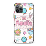 Cute Kawaii School Cat Books Crayons Pink Lines Custom Name Protective Phone Case Mobile Cover Durable Everyday Smartphone Shock Resistant