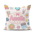 Custom Name Kawaii Cat Books Crayons Pink Lines Seamless Pattern Square Filled Cushion Throw Pillow Sofa Bed Home Decor Zip Washable UK Made