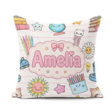 Custom Name Kawaii Cat Books Crayons Pink Lines Seamless Pattern Square Filled Cushion Throw Pillow Sofa Bed Home Decor Zip Washable UK Made