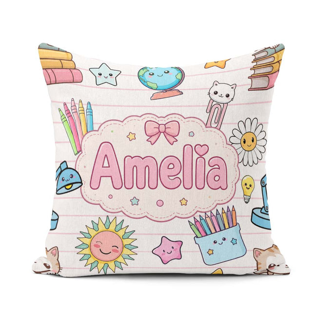 Custom Name Kawaii Cat Books Crayons Pink Lines Seamless Pattern Square Filled Cushion Throw Pillow Sofa Bed Home Decor Zip Washable UK Made