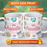 Personalized Custom Name Cute Kawaii School Cat Books Crayons Pink Lines Seamless Pattern 11oz Ceramic Coffee Tea Mug White Large Handle