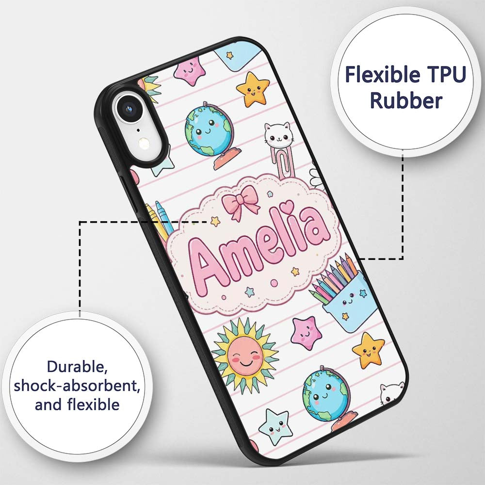 Cute Kawaii School Cat Books Crayons Pink Lines Custom Name Protective Phone Case Mobile Cover Durable Everyday Smartphone Shock Resistant