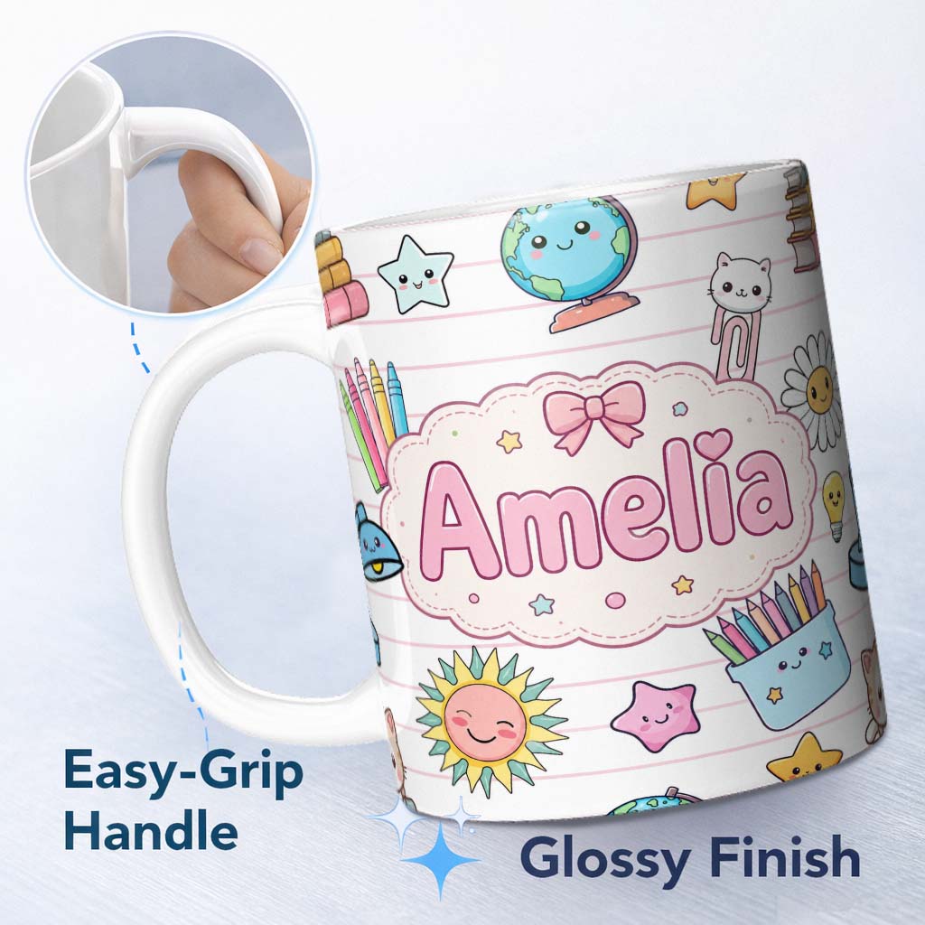 Personalized Custom Name Cute Kawaii School Cat Books Crayons Pink Lines Seamless Pattern 11oz Ceramic Coffee Tea Mug White Large Handle