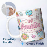 Personalized Custom Name Cute Kawaii School Cat Books Crayons Pink Lines Seamless Pattern 11oz Ceramic Coffee Tea Mug White Large Handle