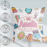 Custom Name Kawaii Cat Books Crayons Pink Lines Seamless Pattern Square Filled Cushion Throw Pillow Sofa Bed Home Decor Zip Washable UK Made