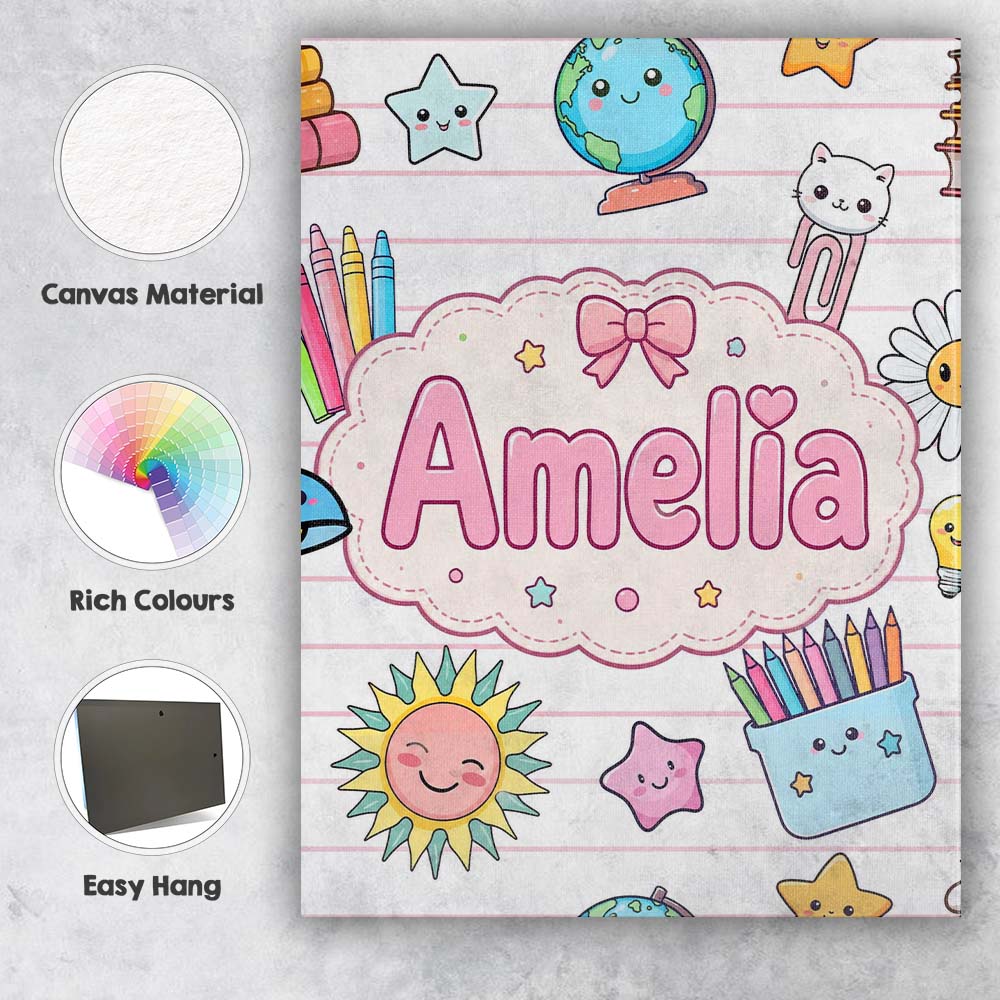 Personalised Name Cute Kawaii School Cat Custom  Unique Gift Idea Elegant Feature Canvas Wall Art Print Decor Picture Ready to Hang