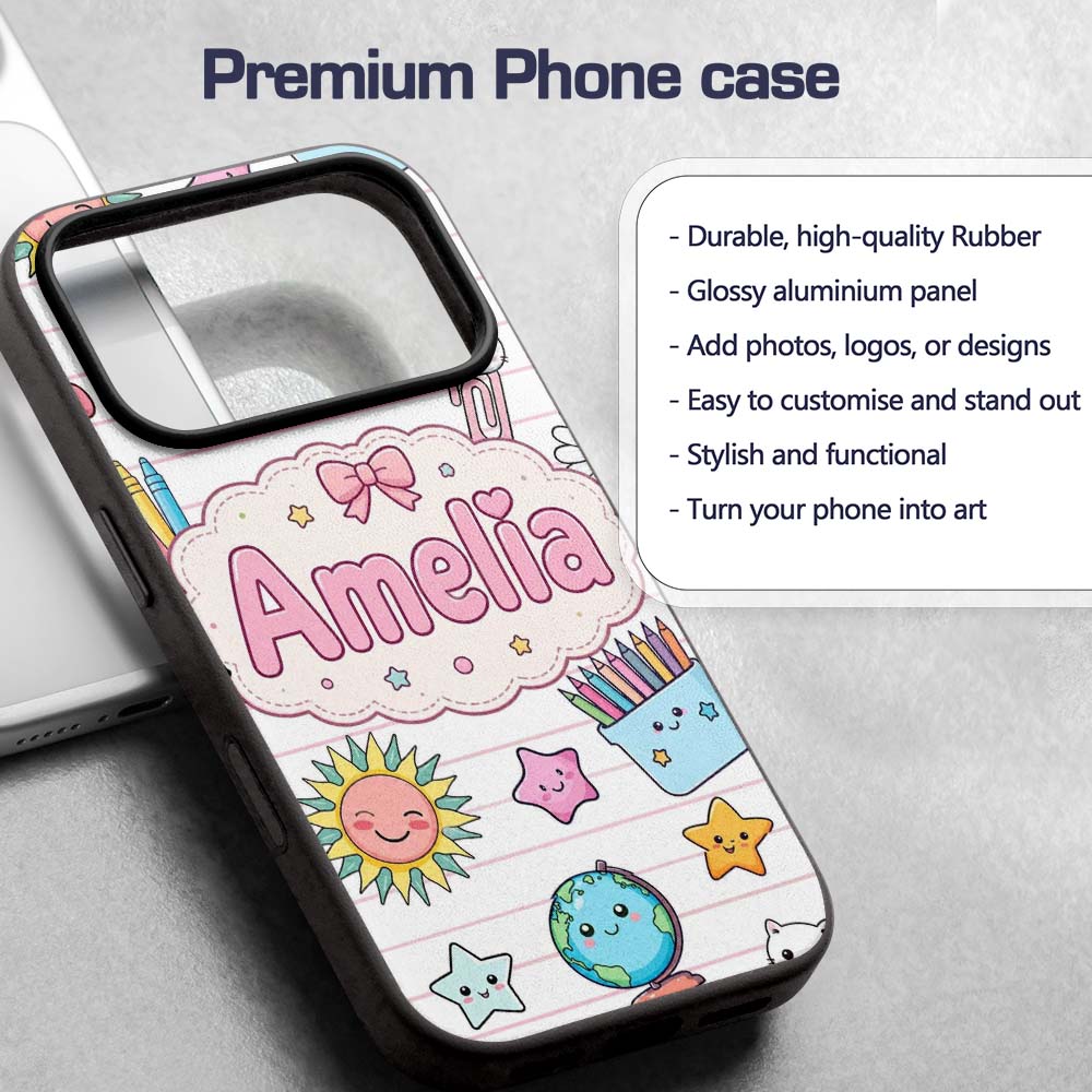 Cute Kawaii School Cat Books Crayons Pink Lines Custom Name Protective Phone Case Mobile Cover Durable Everyday Smartphone Shock Resistant