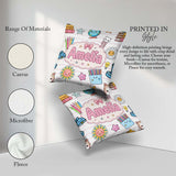 Custom Name Kawaii Cat Books Crayons Pink Lines Seamless Pattern Square Filled Cushion Throw Pillow Sofa Bed Home Decor Zip Washable UK Made