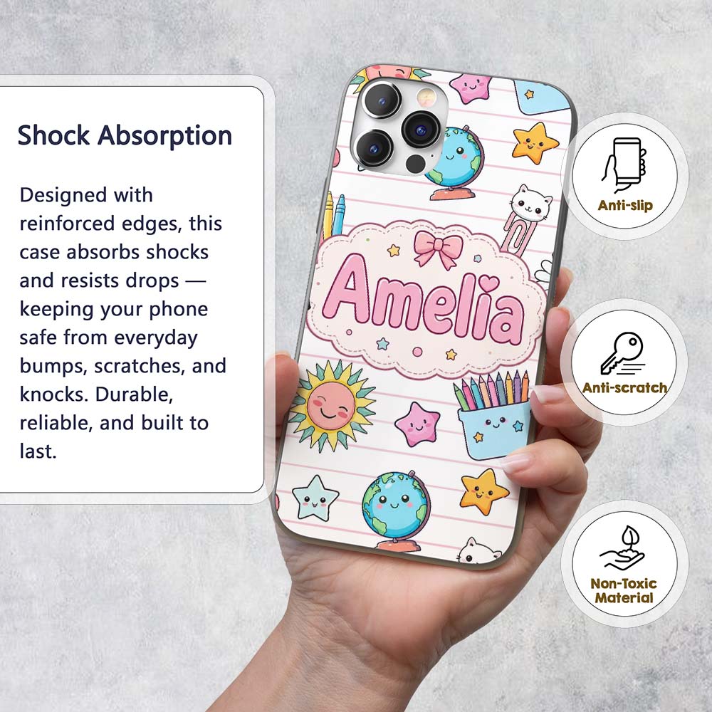 Cute Kawaii School Cat Books Crayons Pink Lines Custom Name Protective Phone Case Mobile Cover Durable Everyday Smartphone Shock Resistant