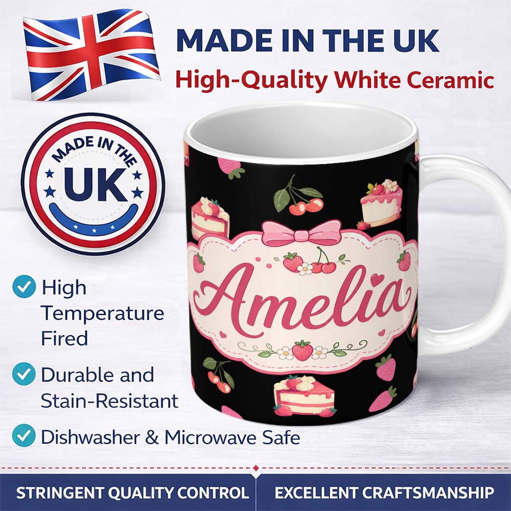 Personalized Custom Name Cute Chocolate Bars and Creamy Milkshakes with Strawberries Seamless 11oz Ceramic Coffee Tea Mug White Large Handle
