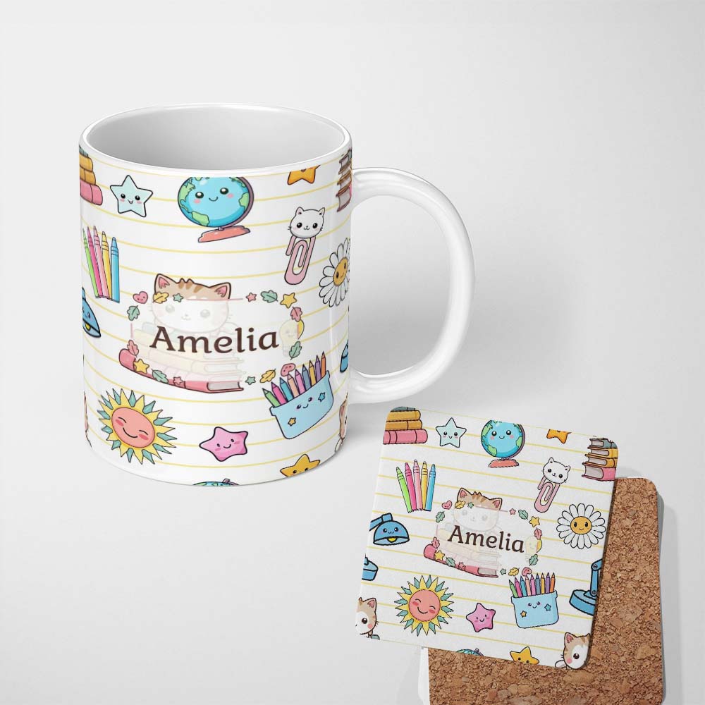 Personalized Custom Name Cute Kawaii School Cat Books Crayons Yellow Lines Seamless Pattern 11oz Ceramic Coffee Tea Mug White Large Handle