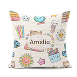 Custom Name Kawaii School Cat Books Crayons Yellow Lines Pattern Square Filled Cushion Throw Pillow Sofa Bed Home Decor Zip Washable UK Made