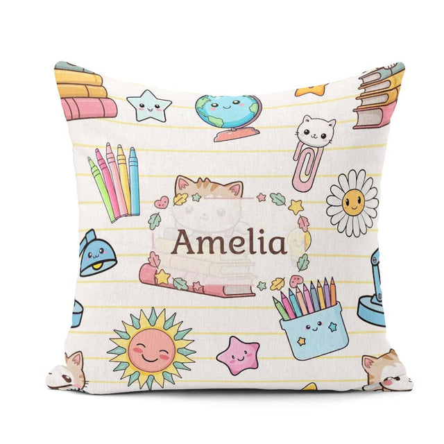 Custom Name Kawaii School Cat Books Crayons Yellow Lines Pattern Square Filled Cushion Throw Pillow Sofa Bed Home Decor Zip Washable UK Made