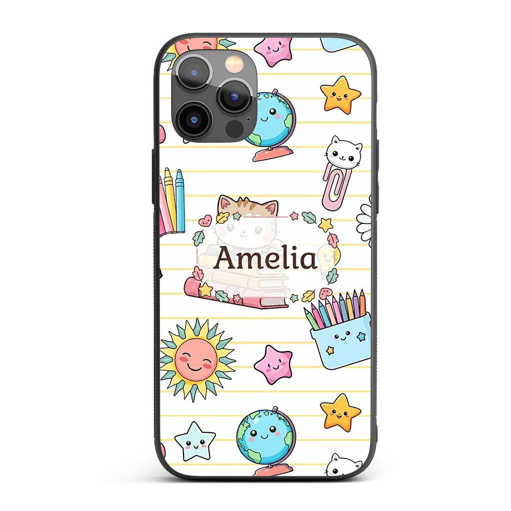 Cute Kawaii School Cat Books Crayons Yellow Lines Custom Name Protective Phone Case Mobile Cover Durable Everyday Smartphone Shock Resistant