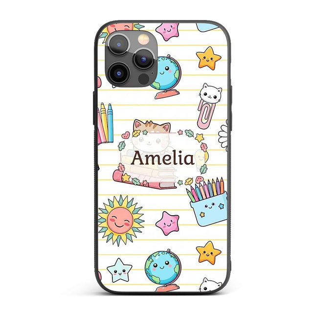 Cute Kawaii School Cat Books Crayons Yellow Lines Custom Name Protective Phone Case Mobile Cover Durable Everyday Smartphone Shock Resistant