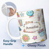 Personalized Custom Name Cute Kawaii School Cat Books Crayons Yellow Lines Seamless Pattern 11oz Ceramic Coffee Tea Mug White Large Handle