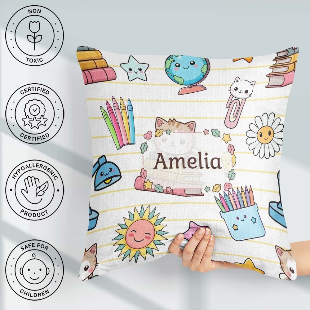 Custom Name Kawaii School Cat Books Crayons Yellow Lines Pattern Square Filled Cushion Throw Pillow Sofa Bed Home Decor Zip Washable UK Made