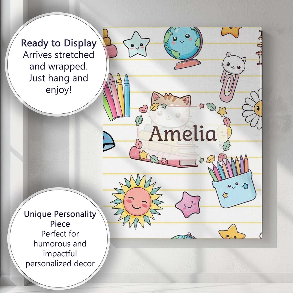 Personalised Name Cute Kawaii School Cat Custom  Unique Gift Idea Elegant Feature Canvas Wall Art Print Decor Picture Ready to Hang
