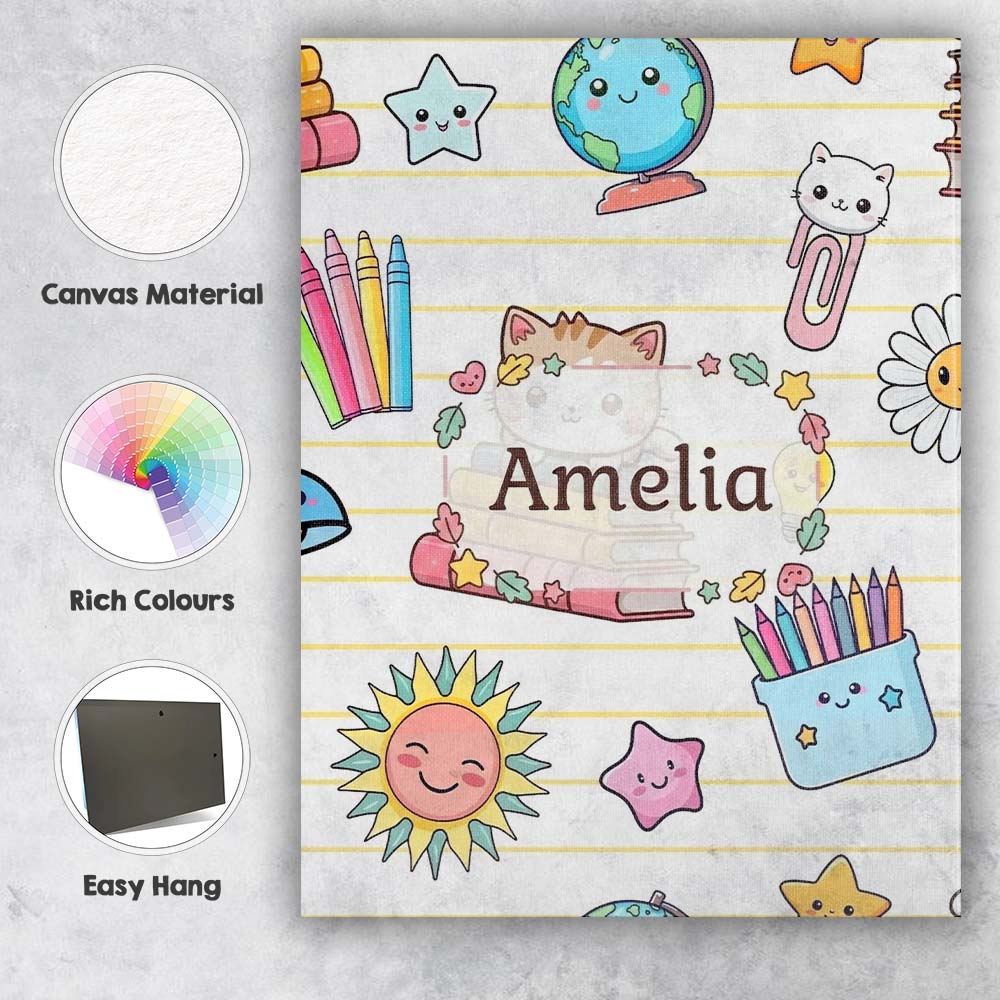 Personalised Name Cute Kawaii School Cat Custom  Unique Gift Idea Elegant Feature Canvas Wall Art Print Decor Picture Ready to Hang