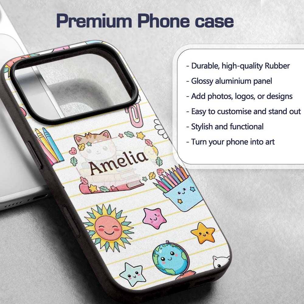 Cute Kawaii School Cat Books Crayons Yellow Lines Custom Name Protective Phone Case Mobile Cover Durable Everyday Smartphone Shock Resistant