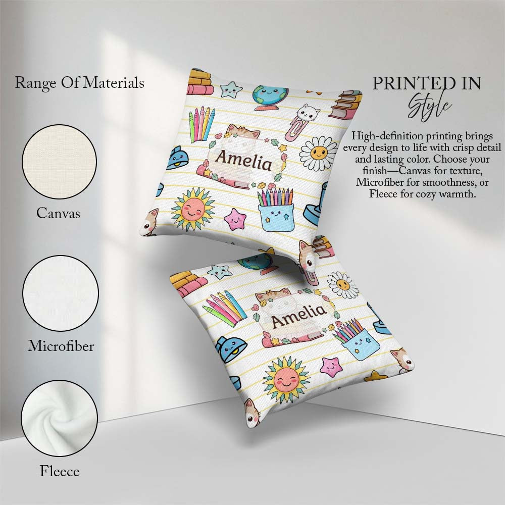Custom Name Kawaii School Cat Books Crayons Yellow Lines Pattern Square Filled Cushion Throw Pillow Sofa Bed Home Decor Zip Washable UK Made