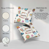 Custom Name Kawaii School Cat Books Crayons Yellow Lines Pattern Square Filled Cushion Throw Pillow Sofa Bed Home Decor Zip Washable UK Made
