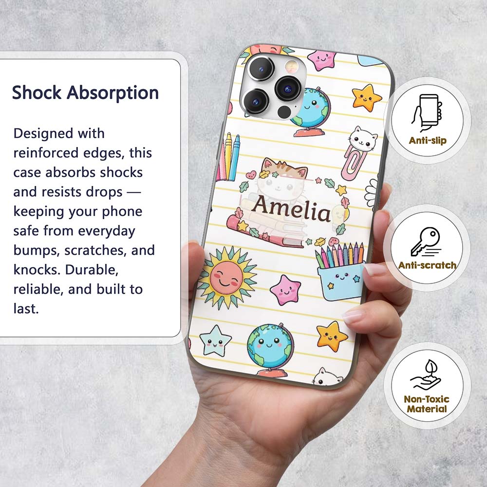 Cute Kawaii School Cat Books Crayons Yellow Lines Custom Name Protective Phone Case Mobile Cover Durable Everyday Smartphone Shock Resistant